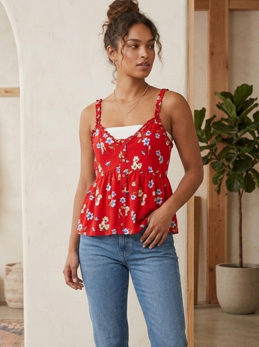No Boundaries Red Floral Spaghetti Strap Camisole